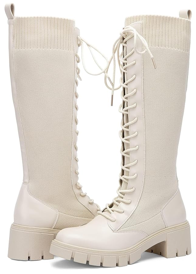 Amazon.com | Vepose Women's Beige Lace Platform Combat Knee